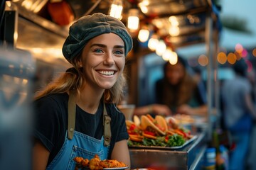 Obraz premium Smiling woman working at a food truck, serving delicious meals while surrounded by vibrant market atmosphere.