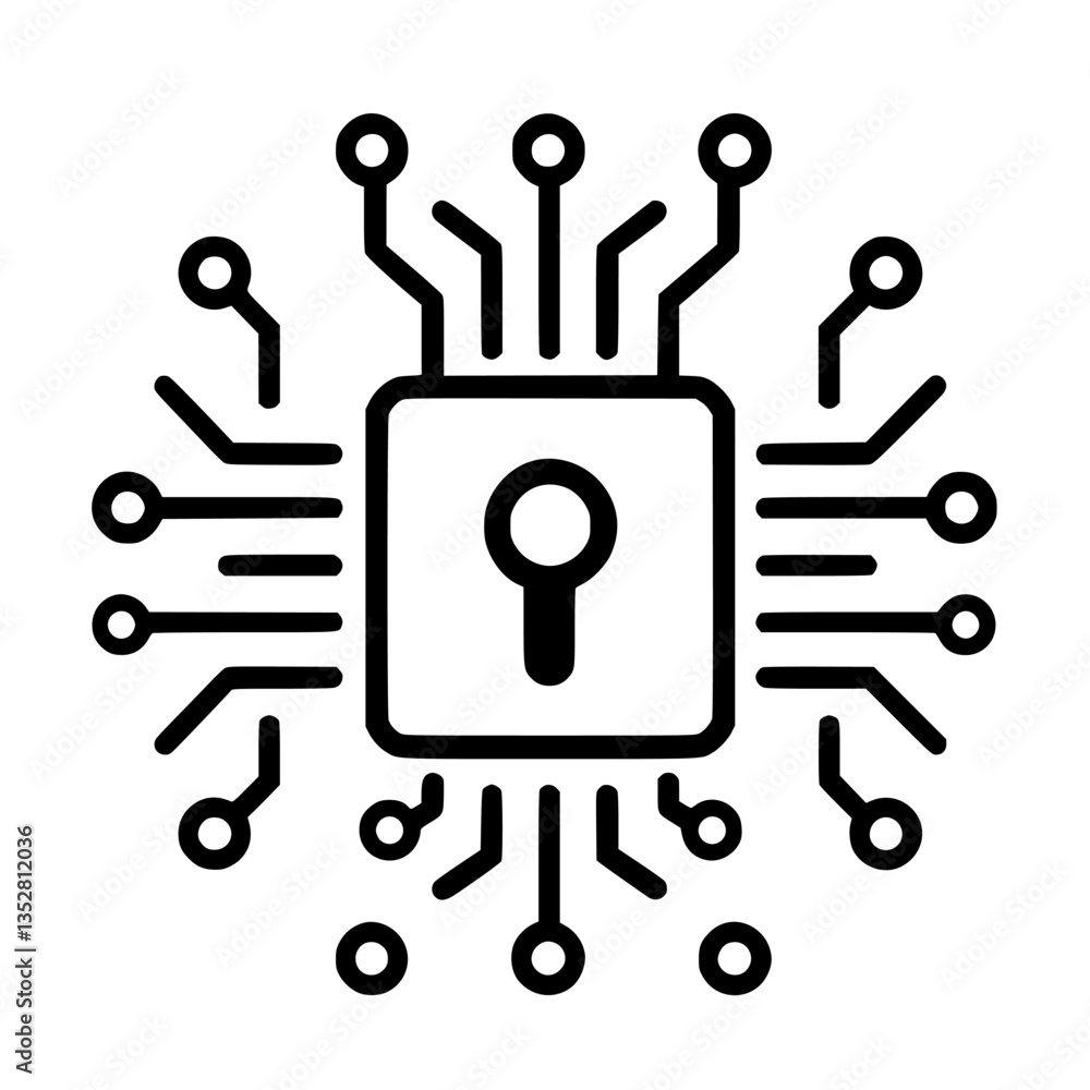 Poster exploring digital security concepts with technology and encryption symbols in modern design