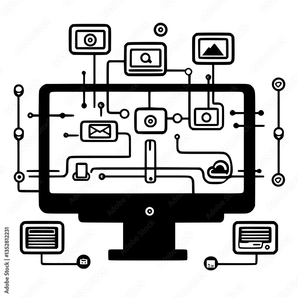 Poster design of a computer screen displaying various digital media icons and connections in a modern visua