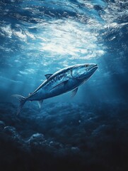 Fototapeta premium Tuna Fish Swimming Gracefully Underwater with Sun Rays and Blue Ocean