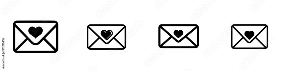 Poster several black outlined envelopes with heart symbols arranged in a row on a white background
