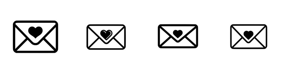 Several black outlined envelopes with heart symbols arranged in a row on a white background