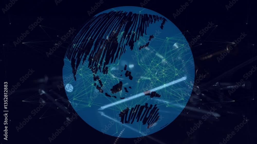 Poster network connections and data processing animation with digital globe on dark background