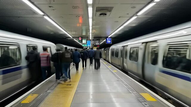 Timelapse of bustling metro station with trains arriving and passengers boarding at peak hours