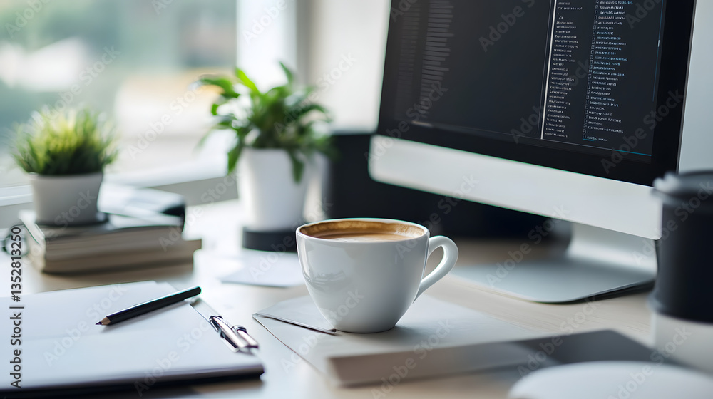 Poster workspace comfort: a modern workstation set against a softly lit backdrop, featuring a monitor displ