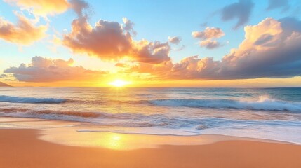 Naklejka premium Golden sunset over tranquil beach