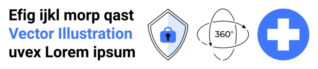 Shield with lock, orbit symbol, and medical cross icons for security, data analysis, healthcare, protection, innovation, digital safety, ideal for flat landing page banner