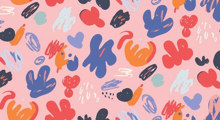 A playful hand-drawn doodle pattern with random shapes.