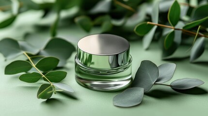 Cream jar with silver lid surrounded by eucalyptus on light green background