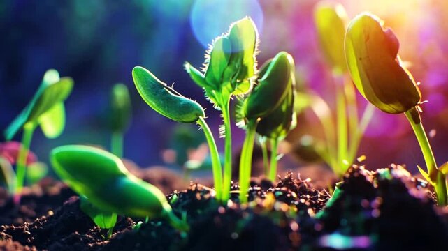 Sprouting seedlings in rich soil under vibrant sunlight. Ideal for nature, growth, agriculture, and spring themes
