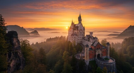 Sunrise Majesty: A European Castle - Majestic castle perched on a hilltop, bathed in the golden light of sunrise, mist-shrouded valley below, symbolizing history, fairytale, power, serenity