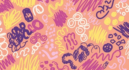 A playful hand-drawn doodle pattern with random shapes.