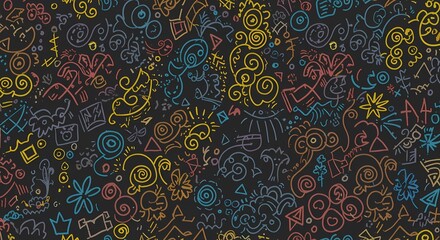 A playful hand-drawn doodle pattern with random shapes.