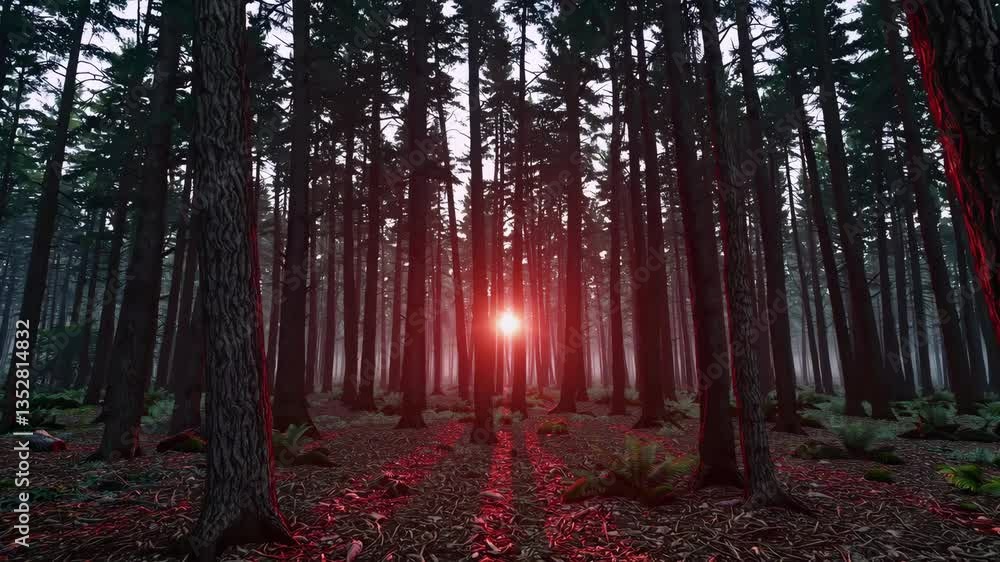 Poster sunset through dense forest with tall trees casting long shadows, nature concept