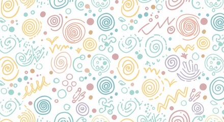 A playful hand-drawn doodle pattern with random shapes.