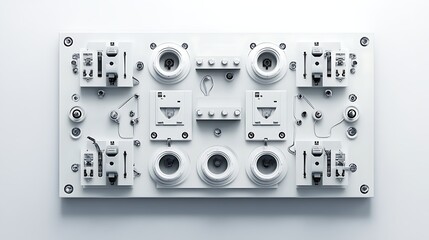 Isolated white electrical switch and digital radio vector illustration, highlighting audio control technology