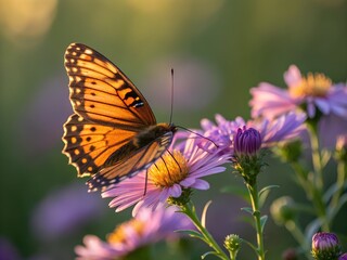 "A macro shot of a butterfly resting on a blooming flower, with golden hour light casting a soft glow on its wings, highlighting the vibrant colors and textures of both the butterfly and the flower."

