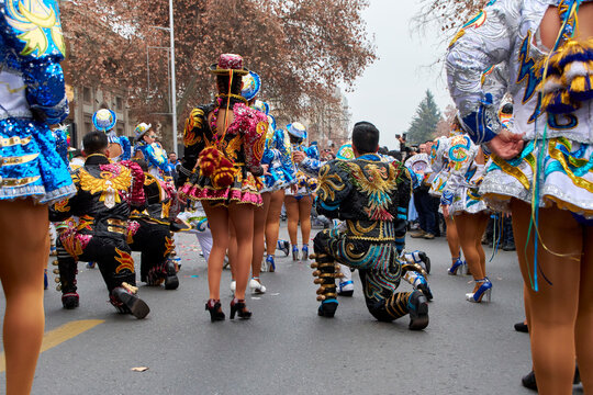 A group of people dancing during a traditional religious festival in the Chilean-Bolivian highlands