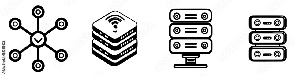 Poster data management icons representing network connectivity, storage solutions, and server technology in