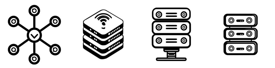 Data management icons representing network connectivity, storage solutions, and server technology in a minimalist style
