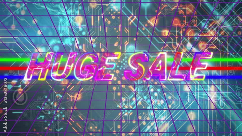 Poster vibrant colors with huge sale text over digital grid and circuit animation