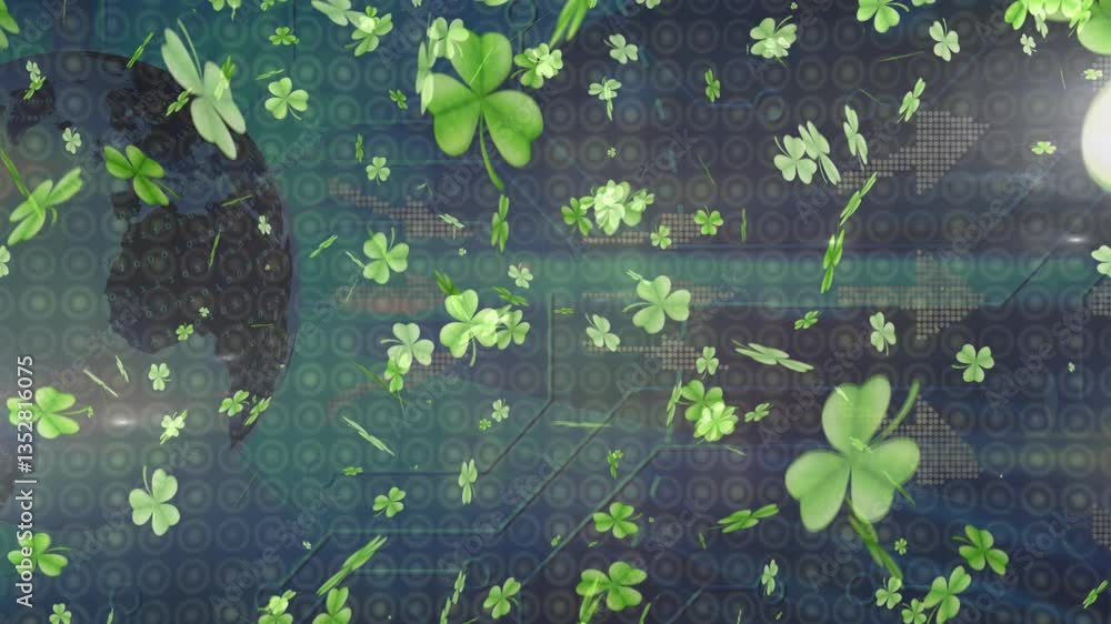 Poster digital animation of green clovers and patterns on abstract technological background