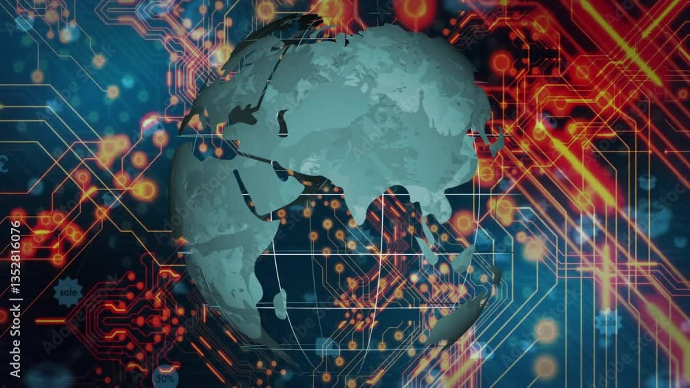 Aufkleber animation of digital globe with network connections and circuitry overlaying continents