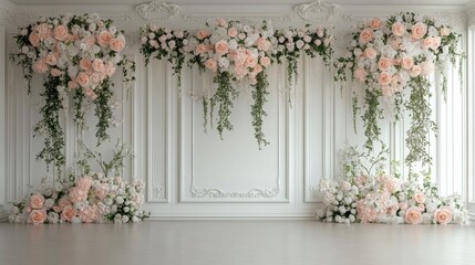 Beige colored background wall with color flowers on the sides. Free copy space banner.