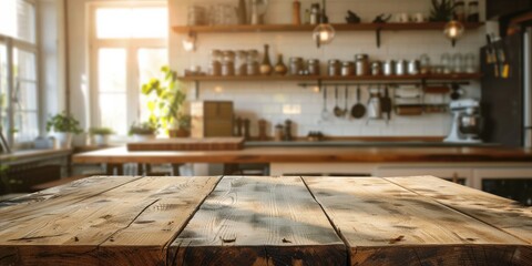 Rustic Wooden Tabletop with Blurred Kitchen Background for Product Mockup or Display