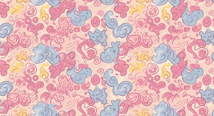 A playful hand-drawn doodle pattern with random shapes.