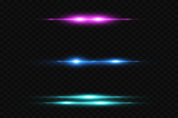 Laser horizontal beams, light beams. Glare effect. Bright stripes on a dark background.