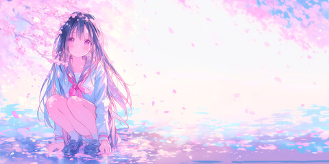 桜の花びらが舞う中、しゃがんで微笑む女性。水彩。イラスト。女の子。春の背景素材。