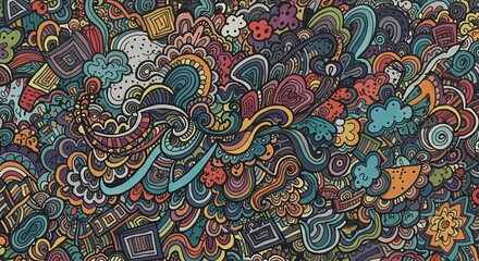 A playful hand-drawn doodle pattern with random shapes.