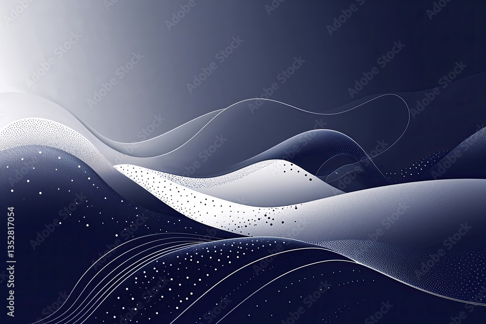 Poster nuanced halftone landscape in deep navy with sinuous lines and dots
