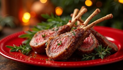 Delicious rack of lamb chops with herbs served on a red plate for festive dining