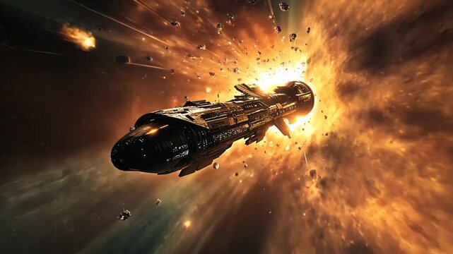 Spaceship through a cosmic explosion; fast-moving starship in a supernova event; science fiction imagery; interstellar travel; possible use in a sci-fi film or video game