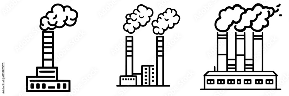 Poster industry icons representing factories with smokestacks during daytime in a simplified design style