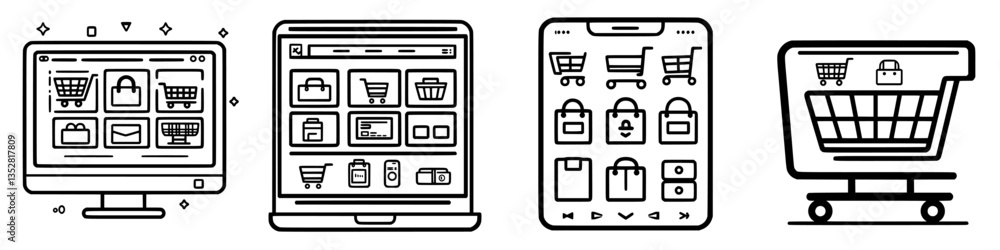 Poster digital shopping interface featuring various online store elements and cart designs from multiple de