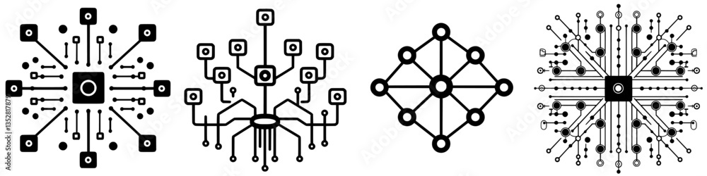 Poster geometric designs showcasing abstract network patterns and lines in a monochrome color scheme