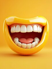 Naklejka premium Cartoon Mouth Showing Perfect Teeth on Yellow Background for Dental Care