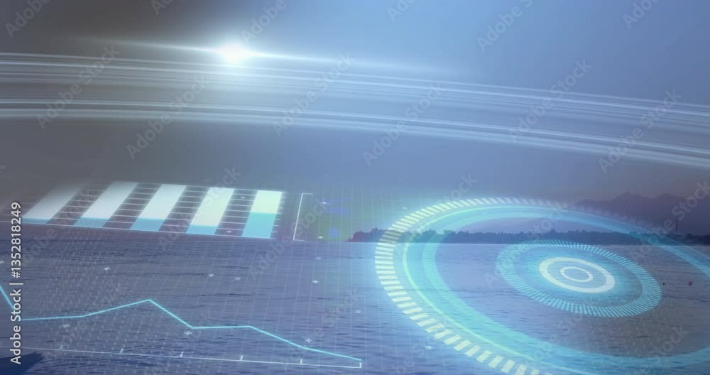 Aufkleber animation of futuristic digital interface with graphs over landscape scene