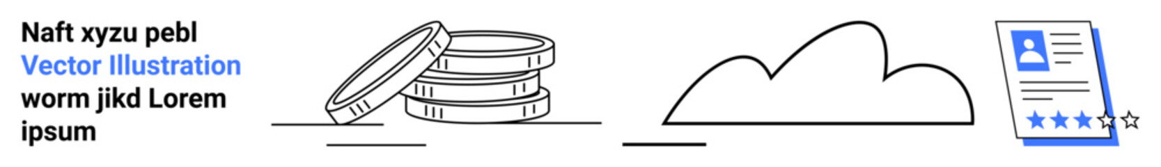 Stack of coins, cloud graphic, document with star rating. Ideal for finance, technology, cloud storage, reviews, data analysis, digital solutions simple landing page