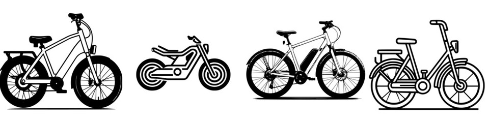 Illustration of various bicycles and an electric motorcycle lined up against a plain background