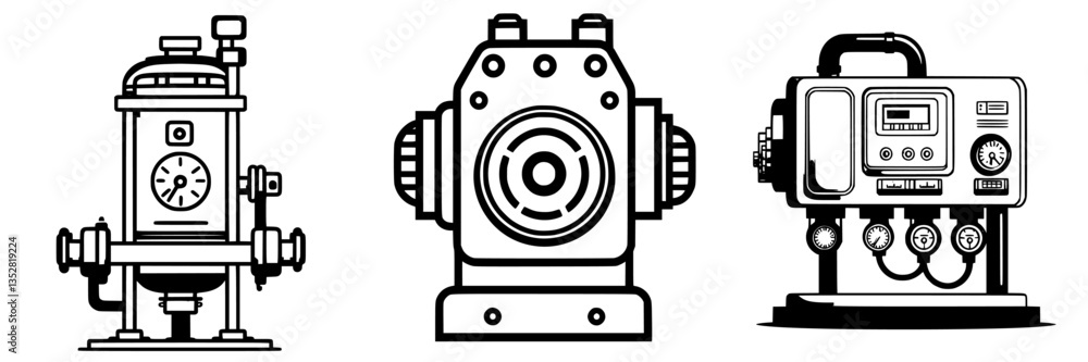 Poster different types of industrial machinery showcasing various designs and functions in a bold graphic s