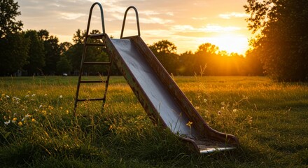Fototapeta premium Sunset Slide in Overgrown Park - A metal slide sits in tall grass at sunset, symbolizing childhood memories, the passage of time, forgotten places, summer evenings, and nature's reclaiming