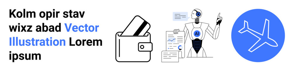 Wallet with payment cards, robot analyzing data with graphs, blue airplane symbol. Ideal for finance, AI, automation, travel, technology innovation business strategies. Landing page