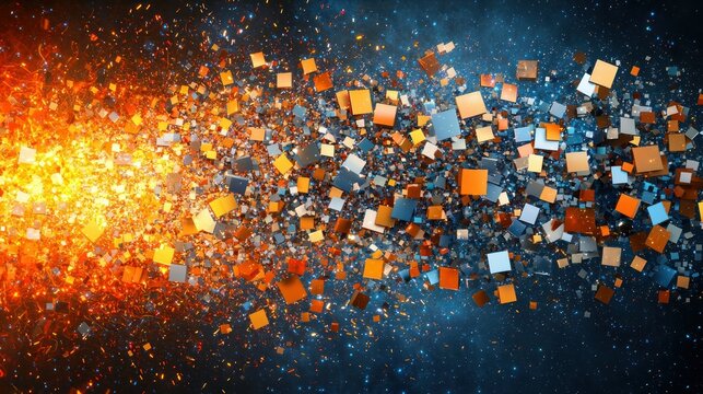 Cubes cluster in blue and orange abstract explosion of light and particles