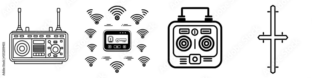 Poster frequency control devices displayed showing wireless technology and communication methods in modern 