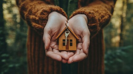 Hands holding a miniature wooden house with keys, signifying homeownership