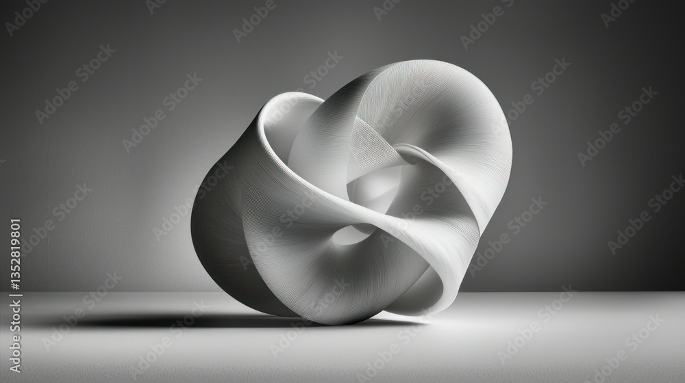 Poster curvy, white abstract sculpture with textures and soft shadows on gray gradient